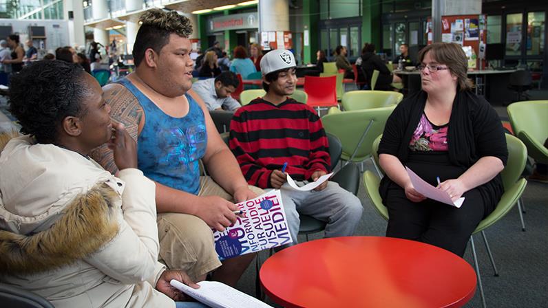 A group of pasifica students interacting at UCOL Palmerston North atrium