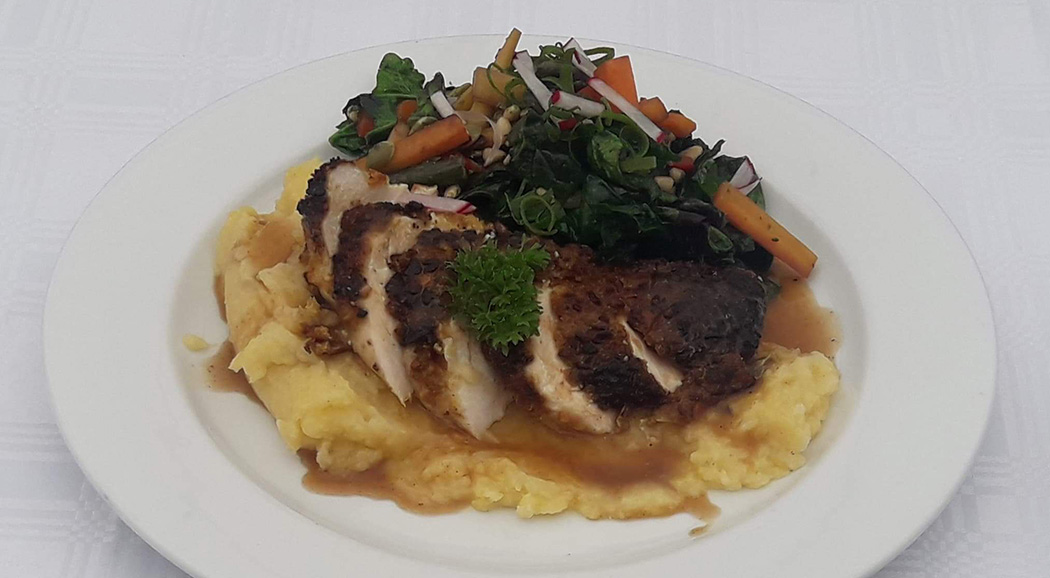 A photograph of a winning chicken dish created by UCOL Chef Training student Chavelle Hanger.