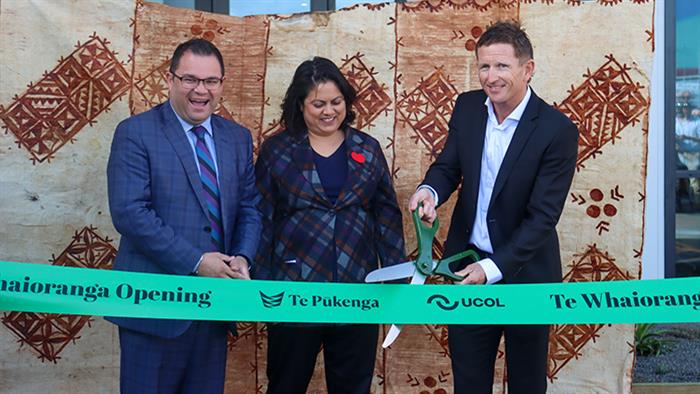 Scott Gibbons cuts opening ribbon as MP Tangi Utikere and Minister of Health Dr Ayesha Verrall look on