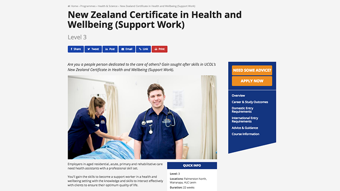 Screenshot of the UCOL | Te Pūkenga NZ Certificate in Health and Wellbeing (Support Work) programme of study
