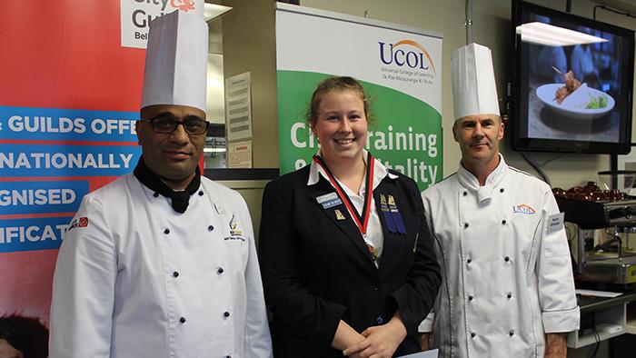Nicole Ede of Wanganui Girls College pictured with UCOL chefs Damian Peeti and Ian Drew.
