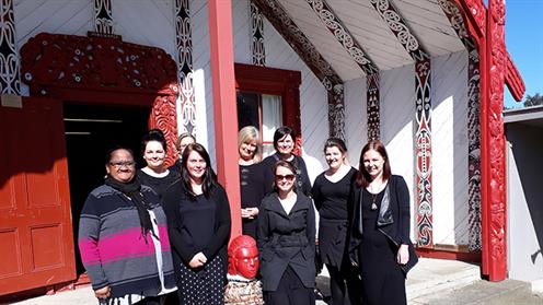 UCOL nursing students standing in front of Papawai Marae in Greytown