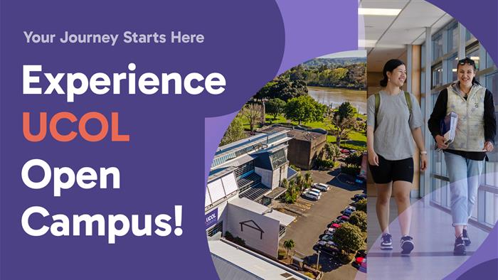 A purple branded image of the UCOL Whanganui campus with the words Experience UCOL Open Campus