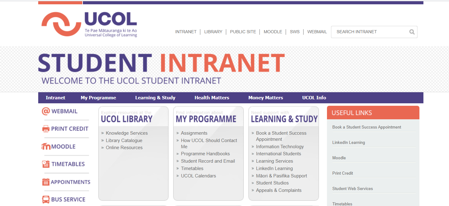 A screenshot of the UCOL | Te Pūkenga student intranet homepage