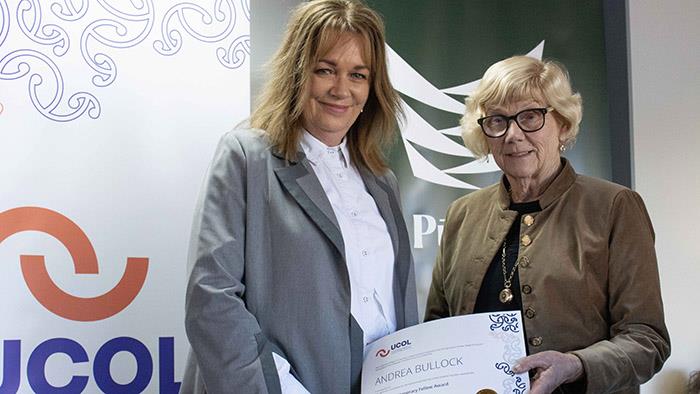 Andrea Bullock receiving a UCOL | Te Pūkenga Honours Award
