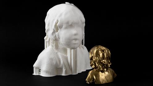 A photograph of the award-winning 3D-printed bust and miniature gold painted version by Kathryn Wightman. Image courtesy of Sarjeant Gallery.