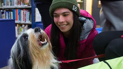 A student makes a furry friend at UCOL's StressLess Week