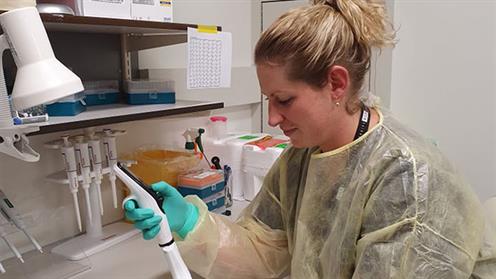 Dr Rebecca Lucas-Roxburgh in COVID-19 Testing Lab