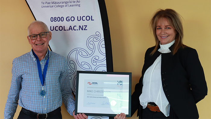 UCOL | Te Pukenga Honours Fellow Award recipient Mike Christensen and UCOL | Te Pūkenga Board Chair Verne Atmore