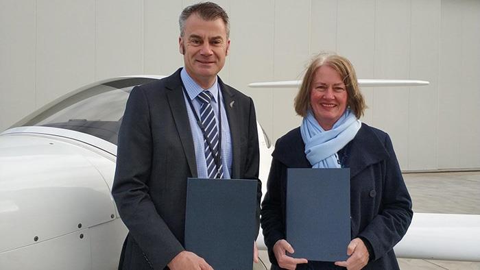 A photograph of New Zealand International Commercial Pilot Academy Chief Executive, Phil Bedford and UCOL Chief Executive Leeza Boyce. A photograph of New Zealand International Commercial Pilot Academy Chief Executive, Phil Bedford and UCOL Chief Executive Leeza Boyce.