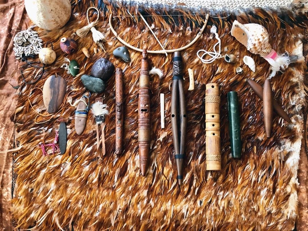 A selection of Maori musical insturuments