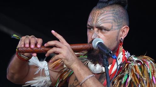 Puoro Jerome playing a Māori flute