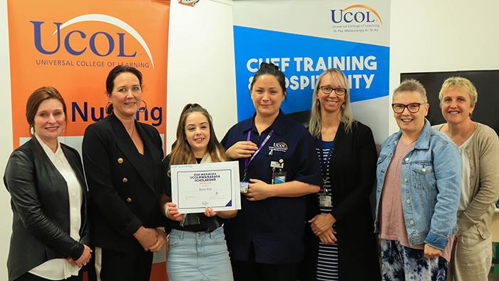 UCOL Chief Executive Dr. Lynn, Janine Devenport (Chair of REAP), Bailey Rink, Teresa Churchward, Hannah Chittick, Claire Renor, and Trish Morison (UCOL Nusing Lecturers).