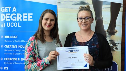 A photograph of Aleisha Rutherford of Jaycee Trust and UCOL scholarship recipient Chloe Maxwell.