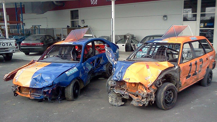 UCOL cars after racing in a demolition derby