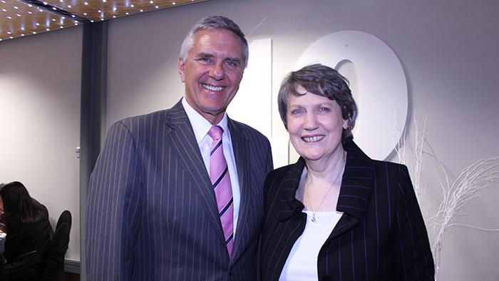 A photograph of UCOL Council Chair Ben Vanderkolk and Helen Clark at the 10 year campus celebrations in Whanganui.