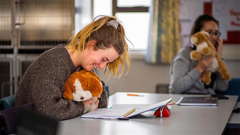 Student reading at a table smiling and holding a soft toy
