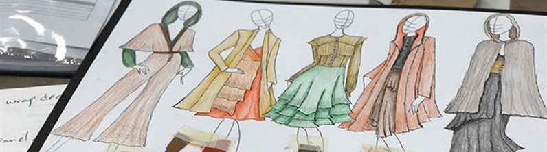 A partial photograph of clothing sketches by a UCOL Bachelor of Design and Arts (Fashion Design) student.