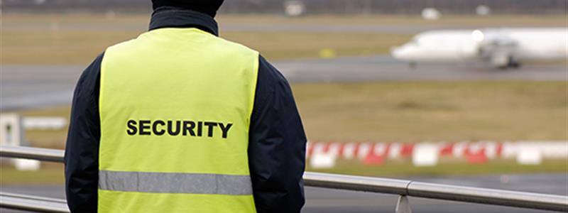 A security guard stands watching at an airport