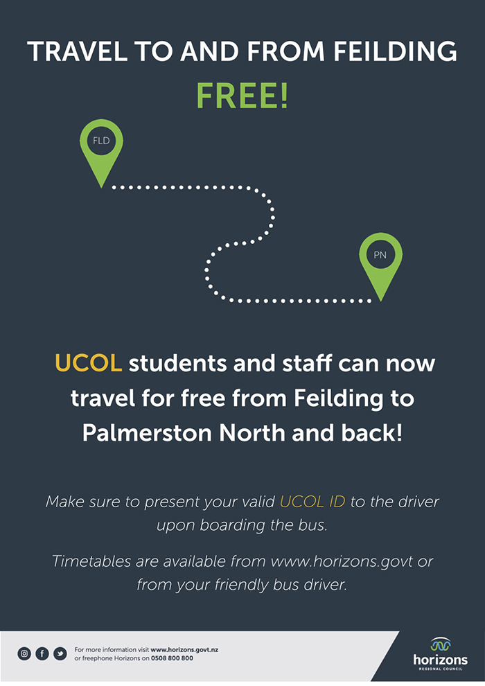 A promotional poster for the free bus service to Feilding for UCOL students