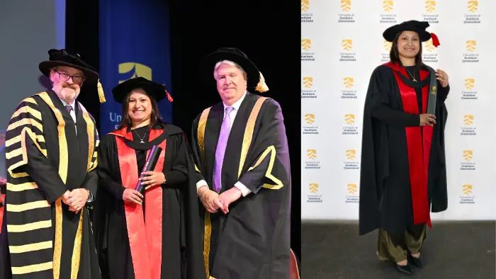 a collage of a man and a woman wearing graduation gowns