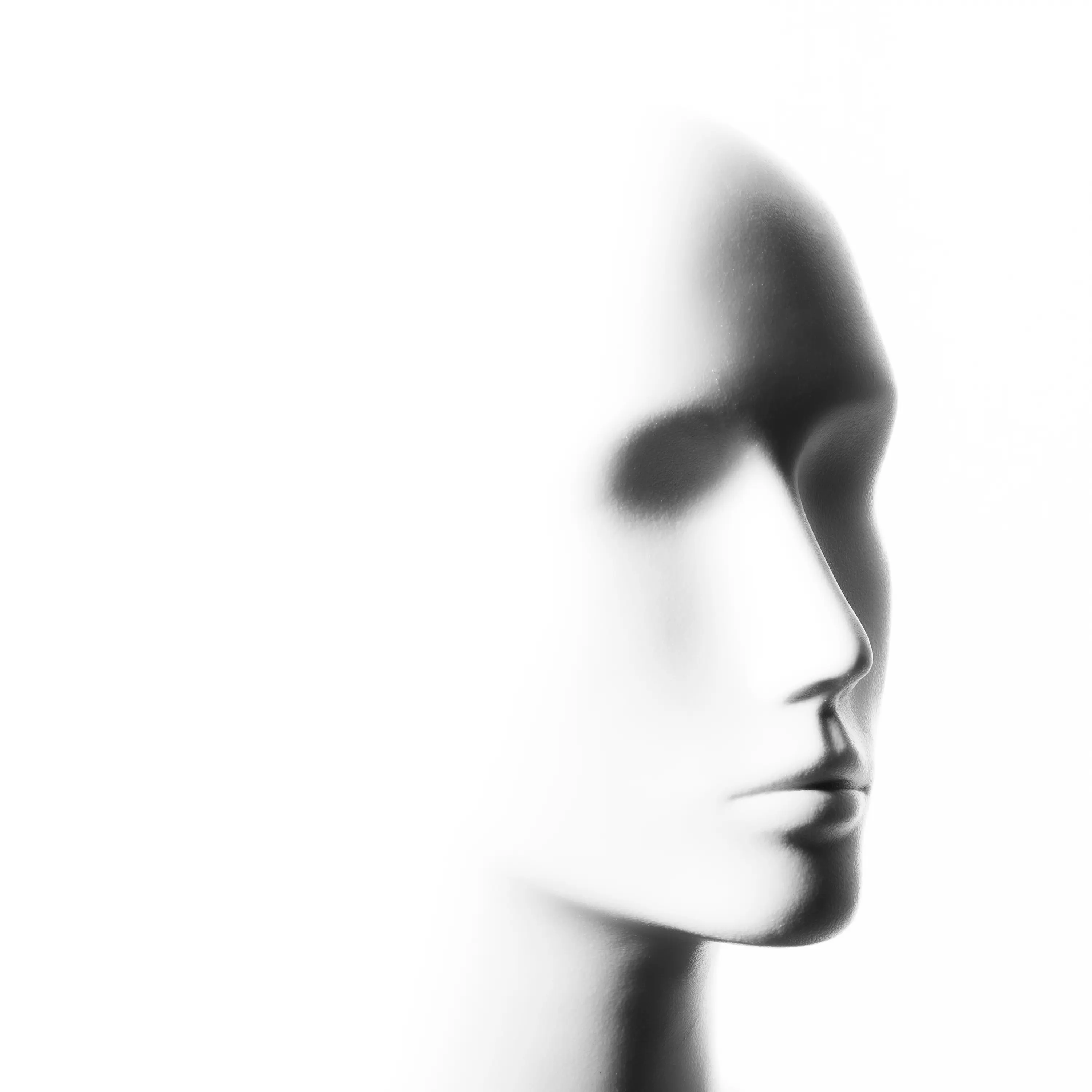 a white mannequin head with a shadow