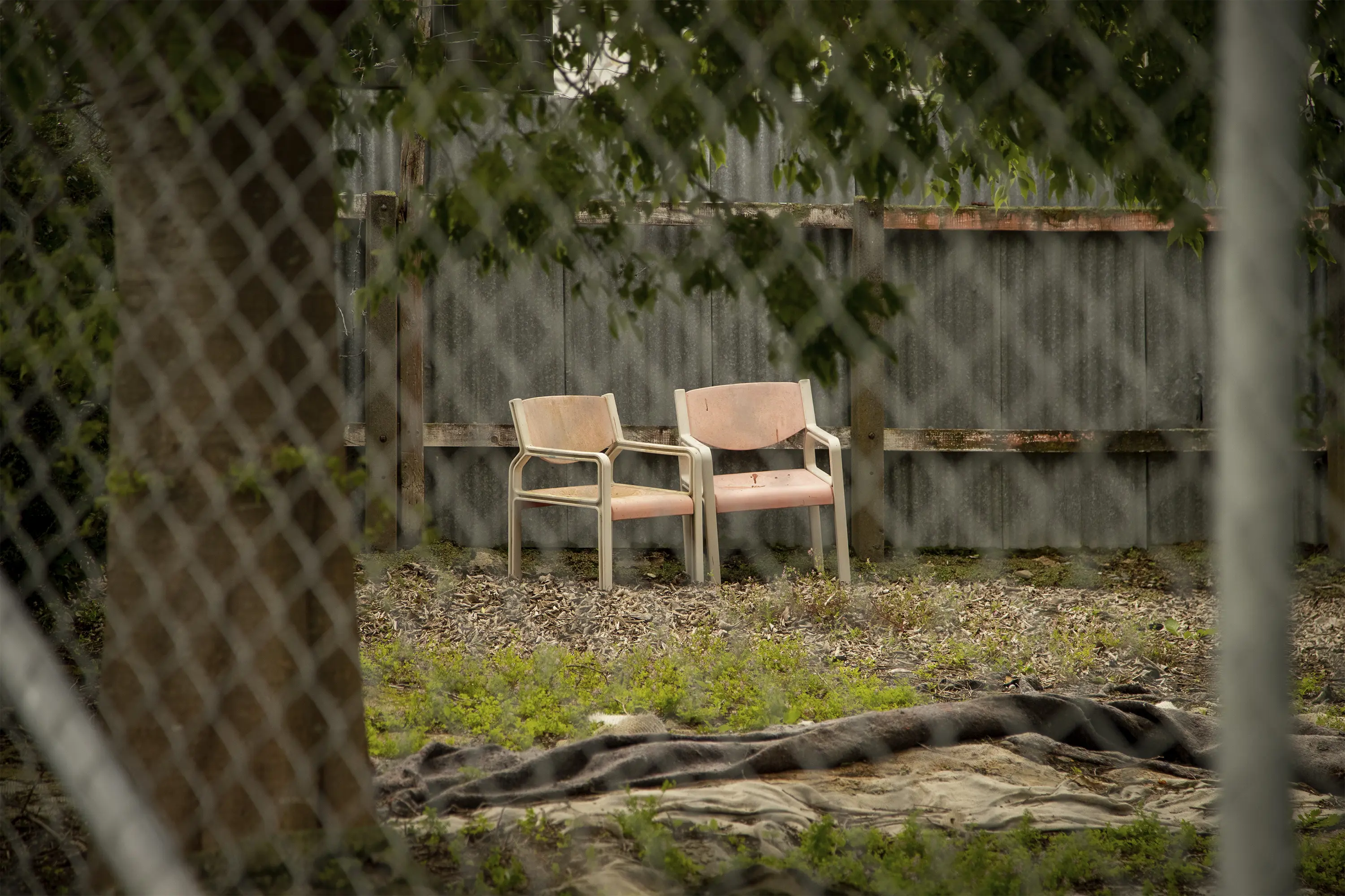 two chairs in a fenced yard