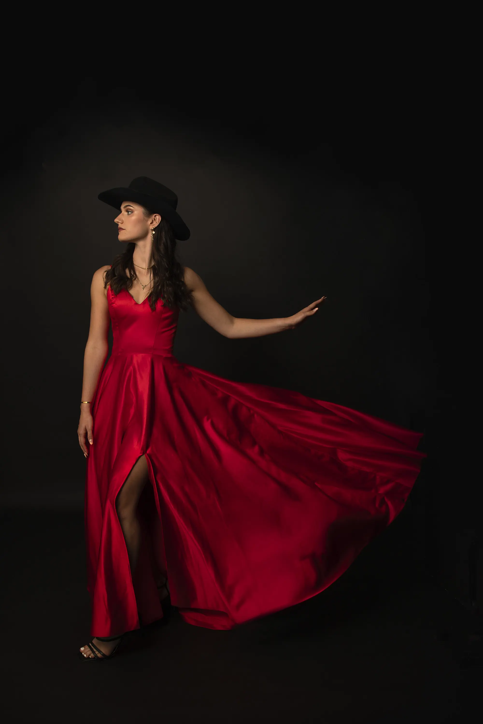 a woman in a red dress
