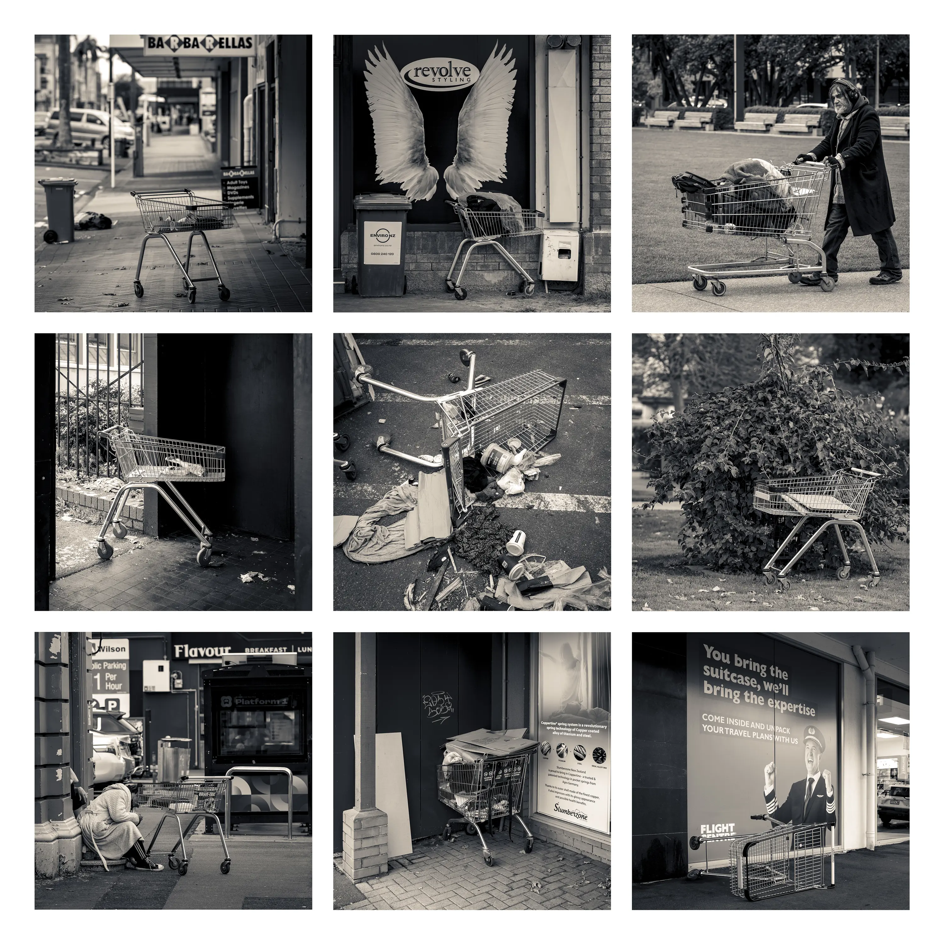 a collage of a person pushing a shopping cart