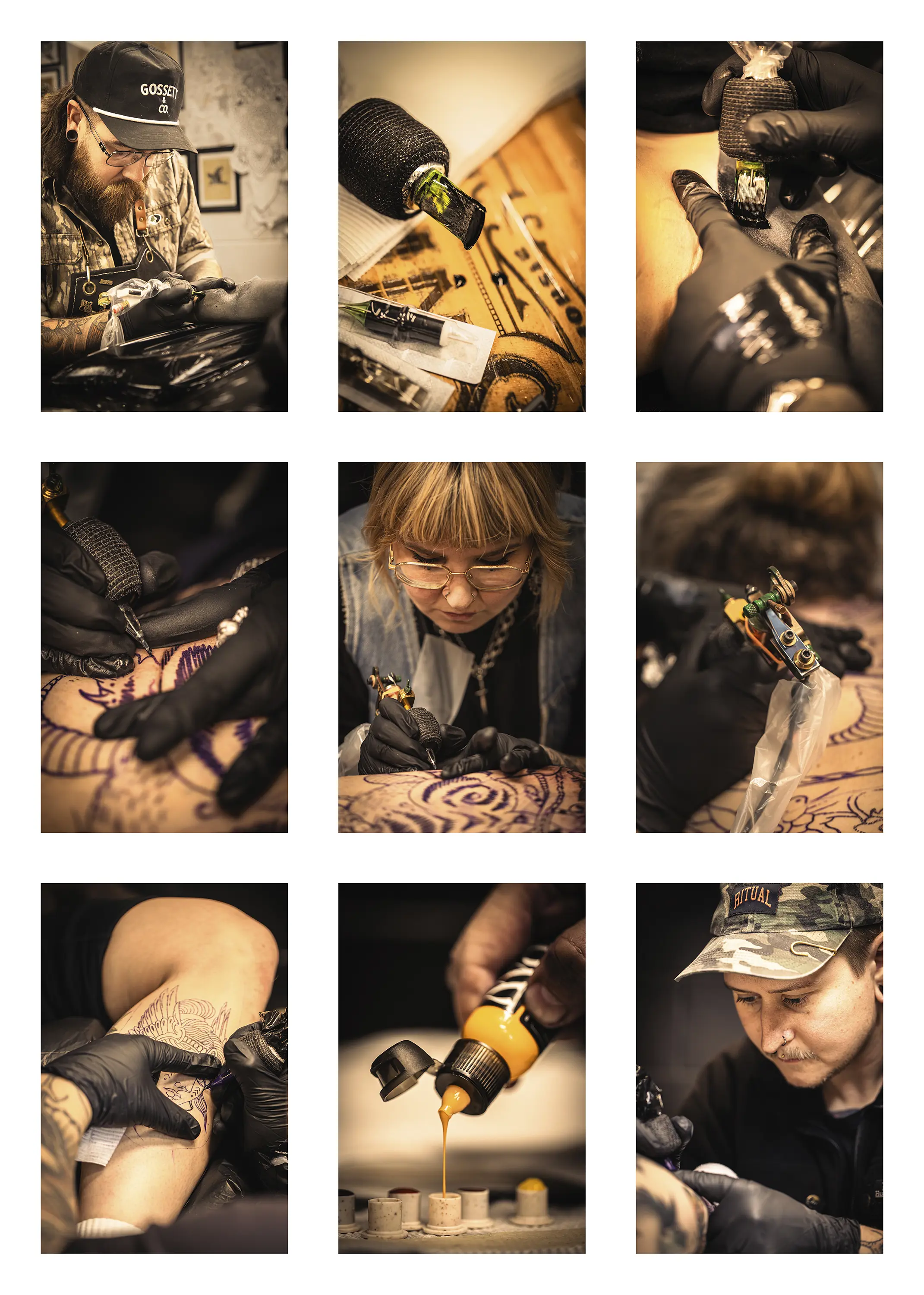 a collage of people getting a tattoo