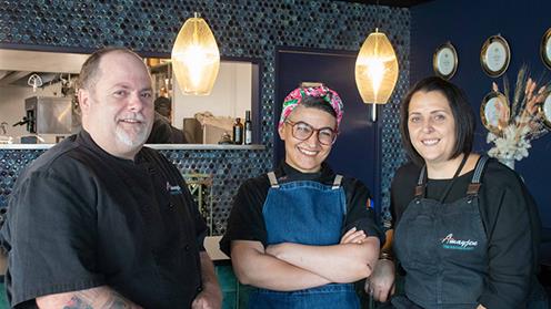 Andrew May, Asli Yalinkilic, and Jenni May at Amayjen. Andrew May, Asli Yalinkilic, and Jenni May at Amayjen.