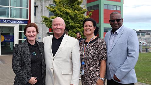 A photograph of UCOL Chief Executive Dr Amanda Lynn, Graham Lowe, and Department of Corrections Acting Chief Executive Rachel Leota at the launch of the Kick for the Seagulls programme at UCOL. A photograph of UCOL Chief Executive Dr Amanda Lynn, Graham Lowe, and Department of Corrections Acting Chief Executive Rachel Leota at the launch of the Kick for the Seagulls programme at UCOL.
