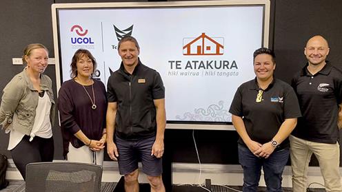 Members of UCOL | Te Pūkenga Te Atakura team with BCITO | Te Pūkenga Te Atakura future leaders. From left: Janell Kiriona (UCOL), Erin Lincoln (UCOL), Paul McDowell (BCITO), Jordan Ormsby (BCITO), and Tim Seaholme (UCOL). Members of UCOL | Te Pūkenga Te Atakura team with BCITO | Te Pūkenga Te Atakura future leaders. From left: Janell Kiriona (UCOL), Erin Lincoln (UCOL), Paul McDowell (BCITO), Jordan Ormsby (BCITO), and Tim Seaholme (UCOL).